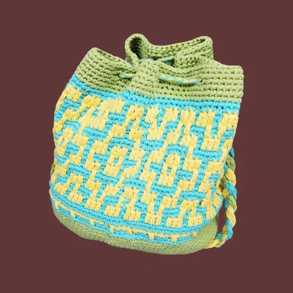 Blue Green Yellow Multicolor Crochet Bucket Bag Size OS - Picture 6 of 12